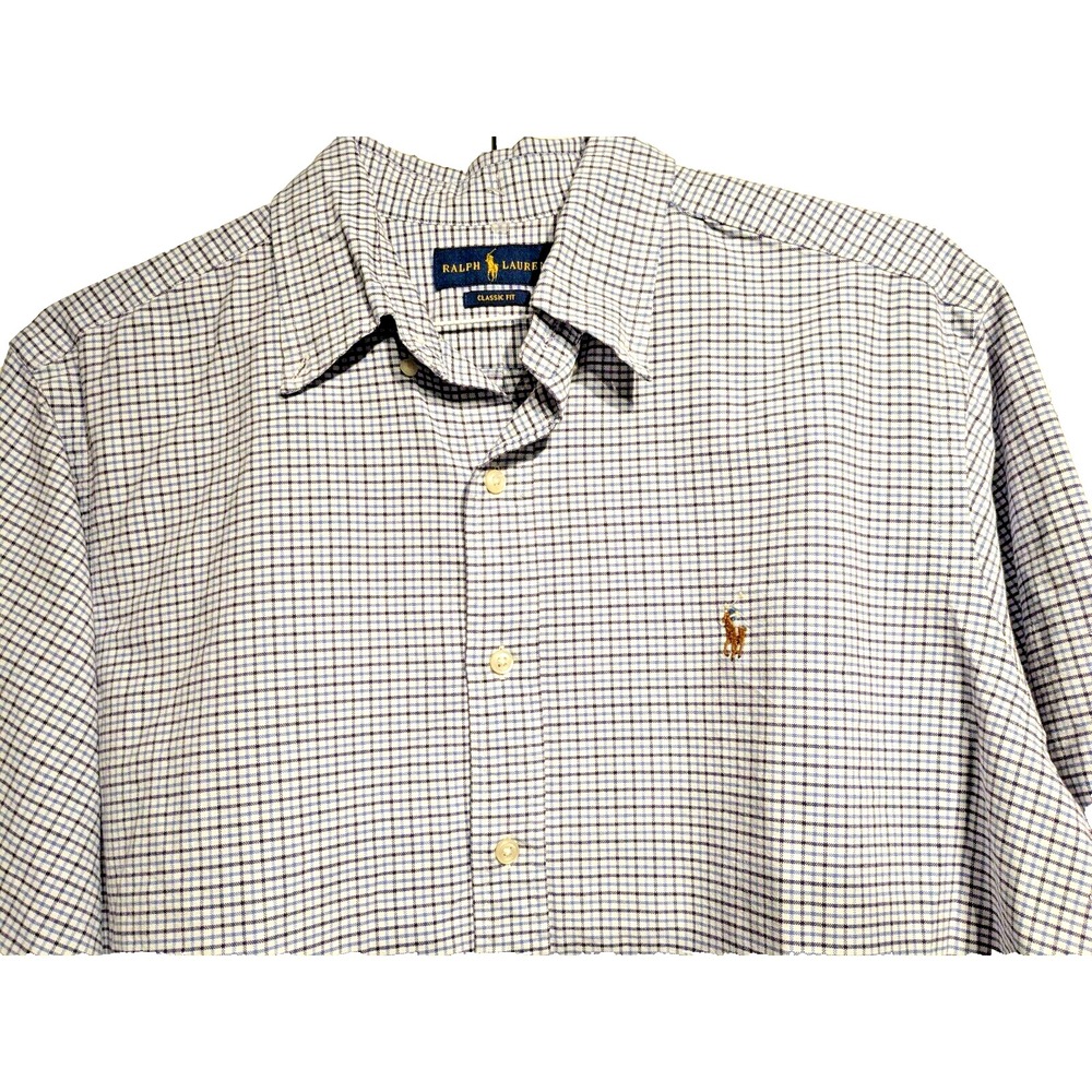 Ralph Lauren Classic Fit Button Down Shirt Mens L Blue Tones Check Flesh Pony
